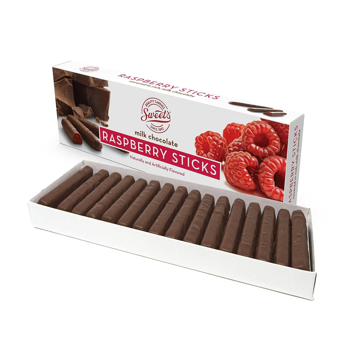 Raspberry-flavored milk chocolate sticks in open gift box with raspberry fruit graphic