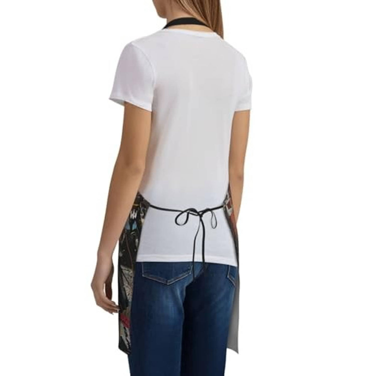 Back view of black skeleton Halloween apron with tied waist and full-length skirt