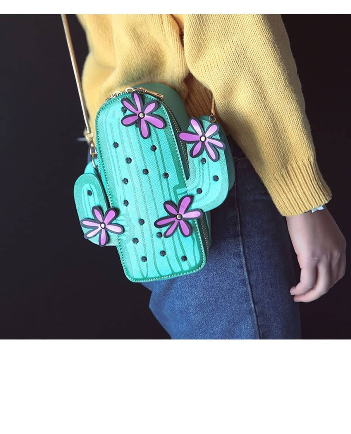 Cactus-shaped mini crossbody bag, teal with purple flower details and gold chain strap
