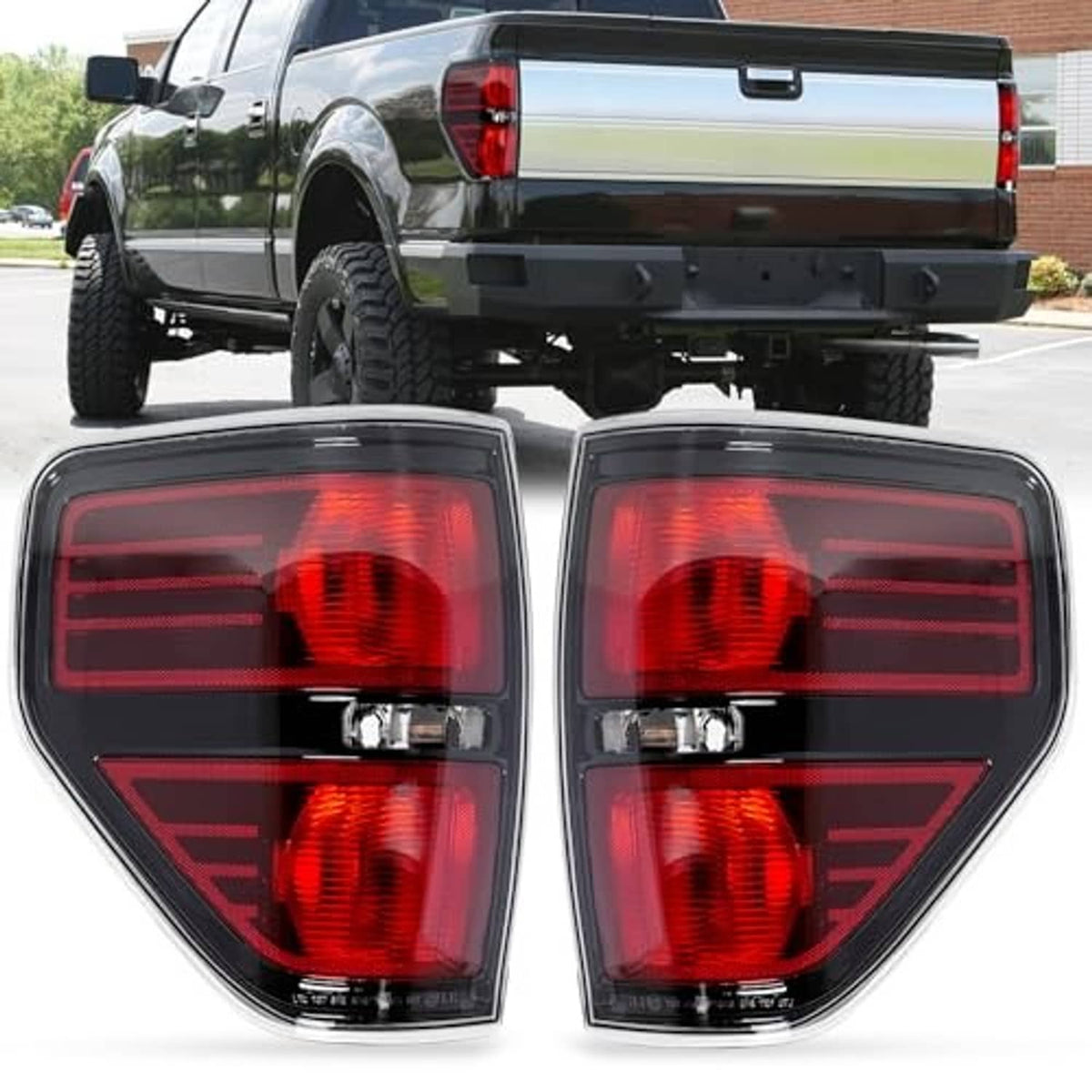 Pair of rear tail light assemblies with black housing and red upper and lower lenses