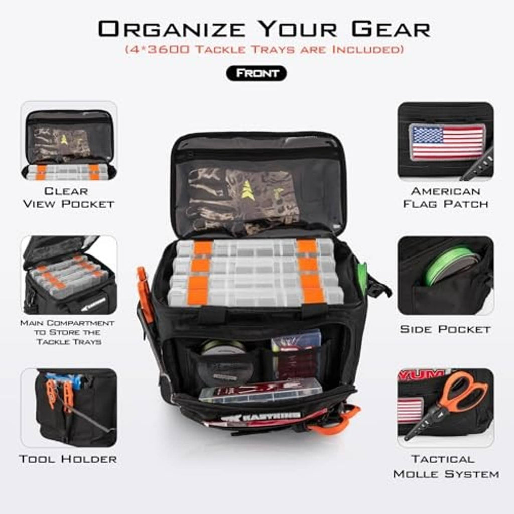 Open black tackle bag with clear 3600 trays, orange dividers, and side/inner storage pockets.