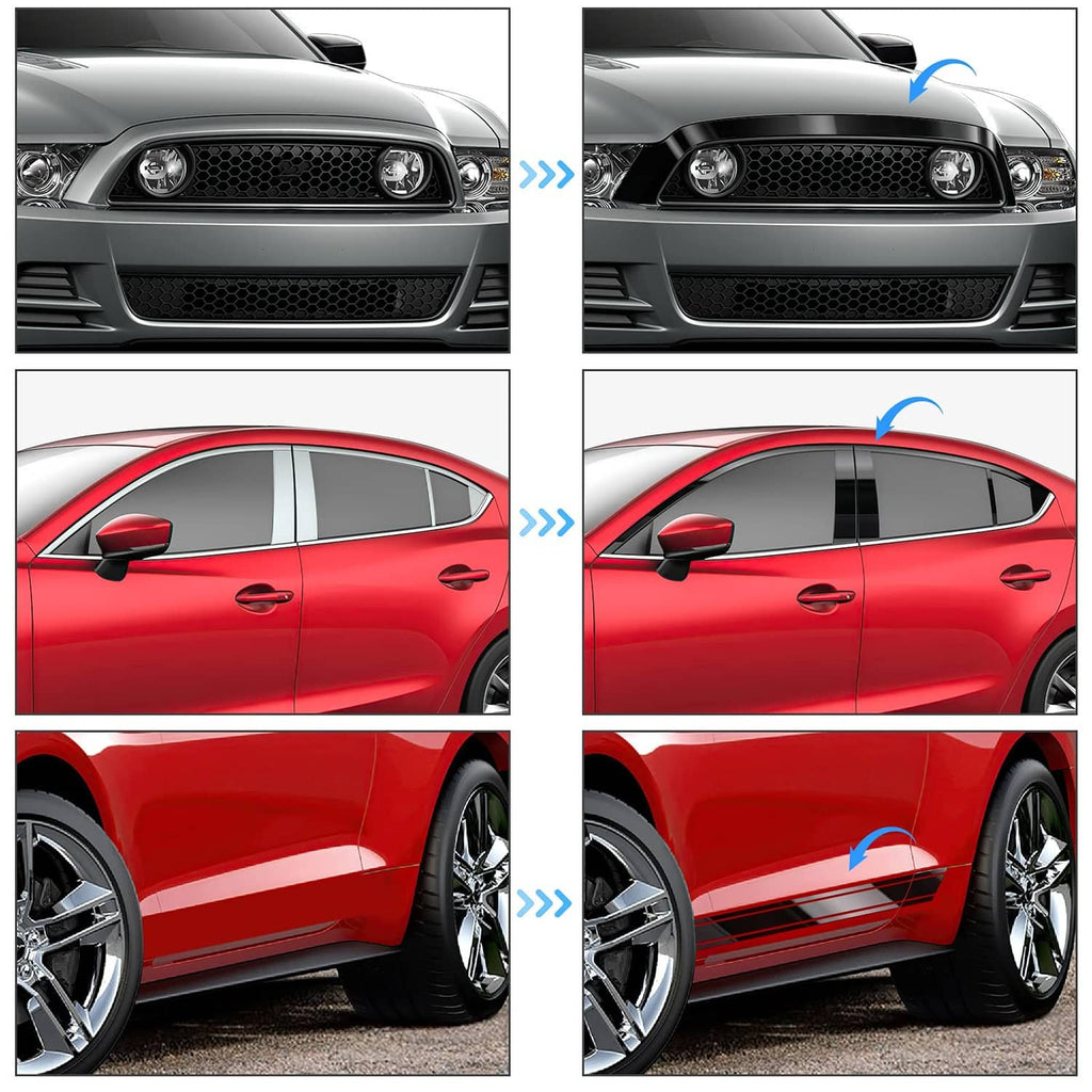Gloss black vinyl wrap on car front grille and hood area with directional arrows
