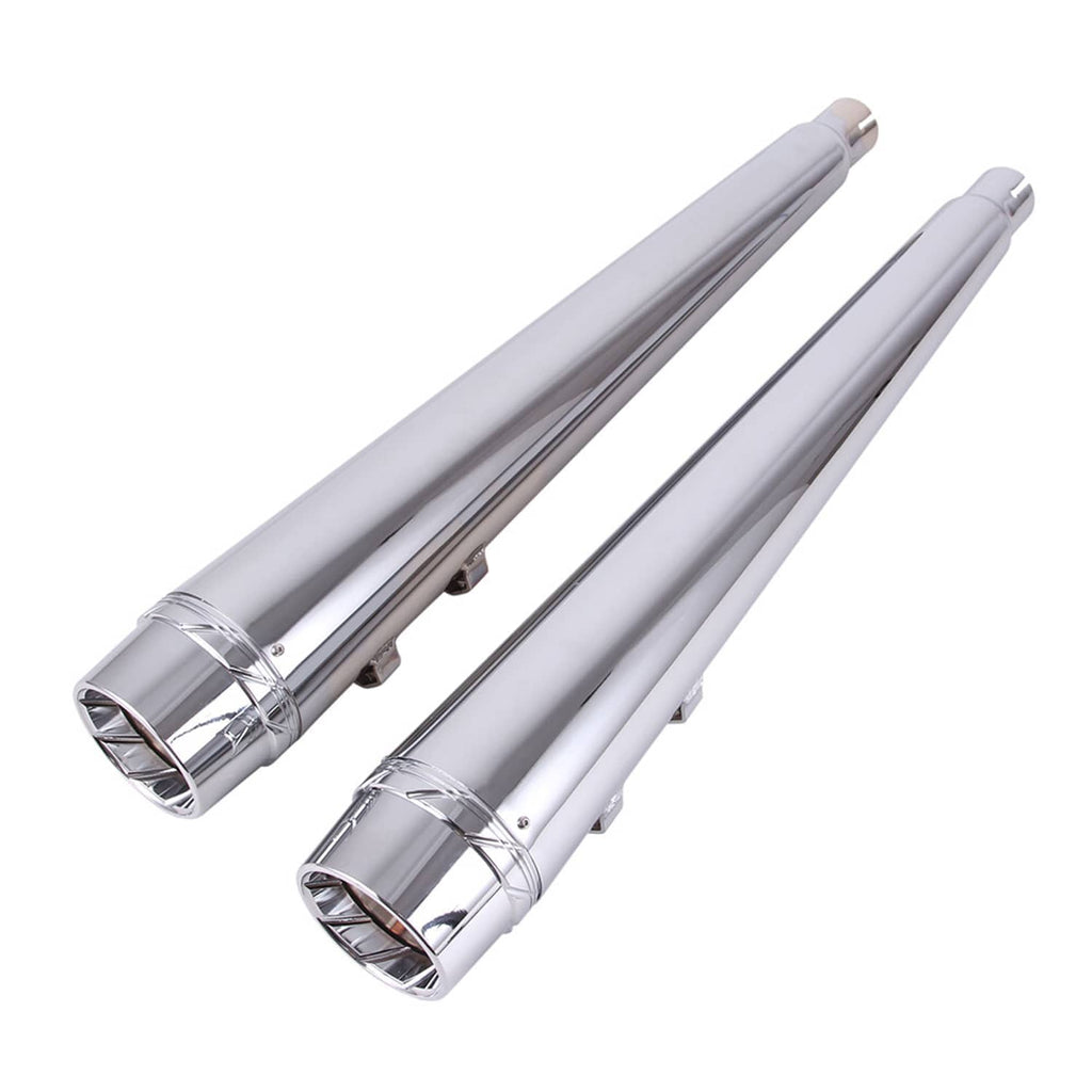 Pair of chrome slip-on mufflers with round outlet tips and integrated mounting brackets