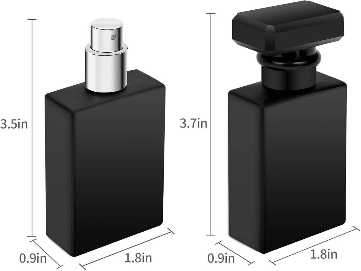 Black glass perfume atomizer bottle with square pump spray head, front and side views