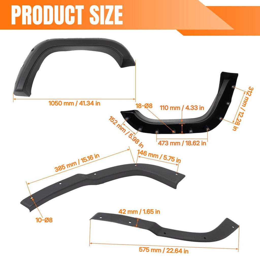 Black fender flares wheel arch pieces shown with measurement guide lines