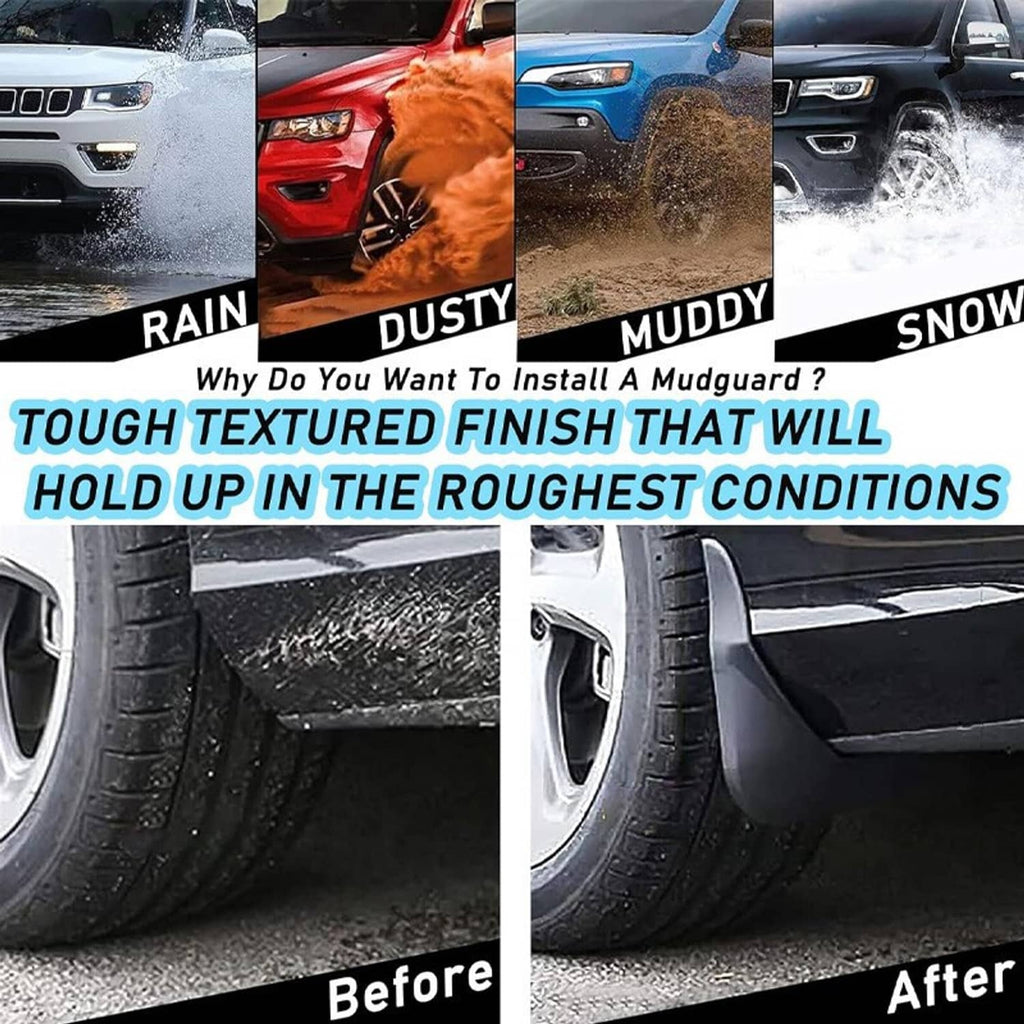 Black mud flaps installed over a wheel for splash and debris protection