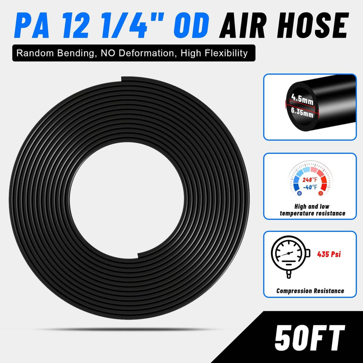 Coiled black air hose tubing, 1/4 OD style with tightly wound loops
