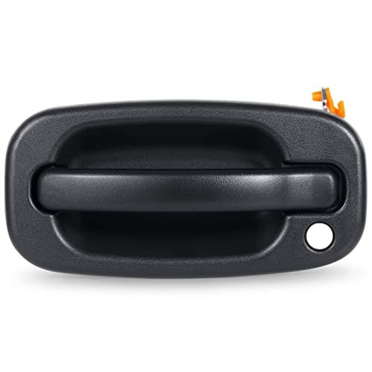 Exterior door handle with textured black pull and round key cylinder opening