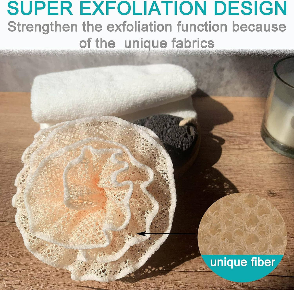 Ivory mesh exfoliating shower pouf loofah sponge on wooden surface with circular design