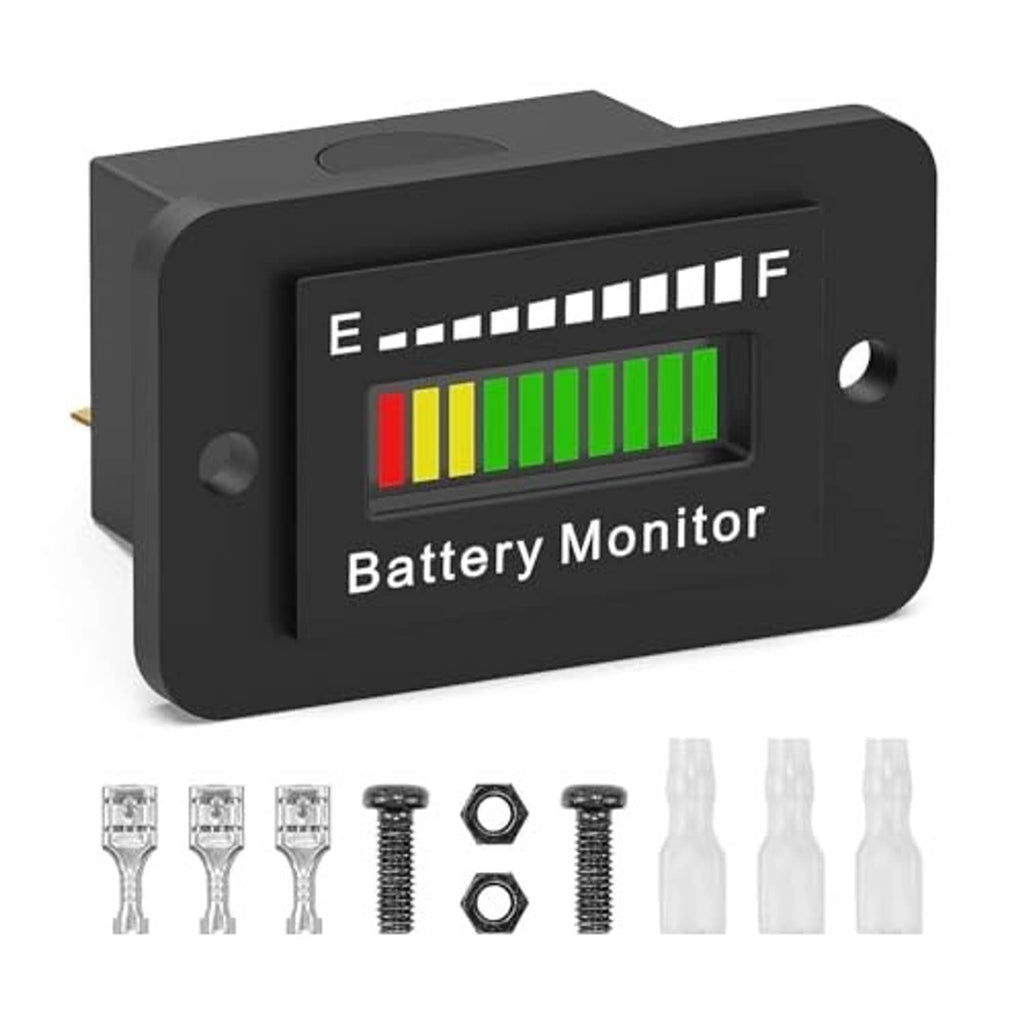 LED battery monitor gauge with E-F scale and multi-color charging level bars