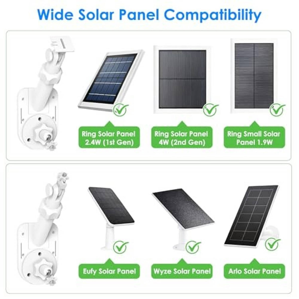 White solar panel mount bracket shown with compatible solar panel sizes
