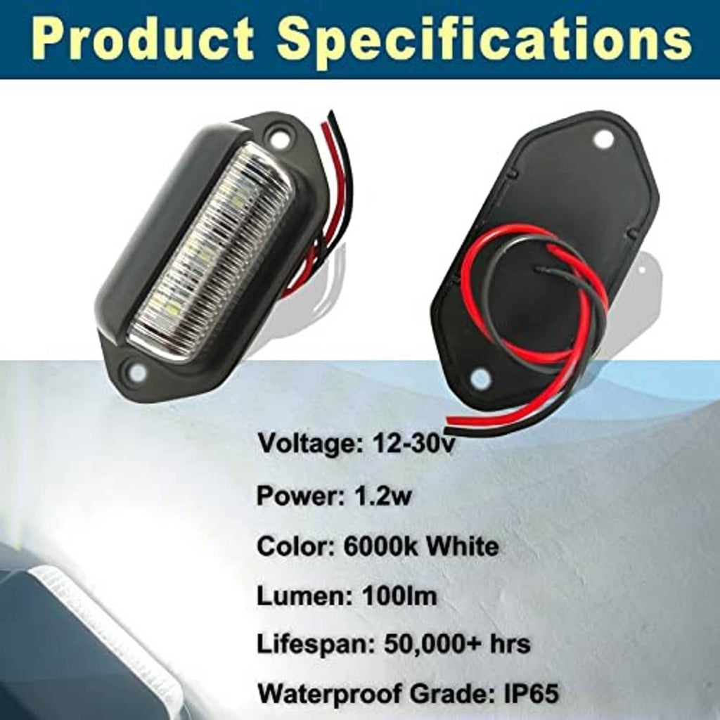Two black LED license plate lights with clear lens, red/black wires, and screw mounts