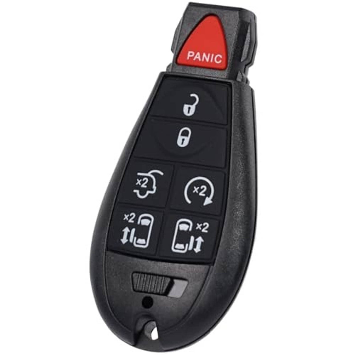 Black 7-button smart key fob with red PANIC button and remote start/panic icons