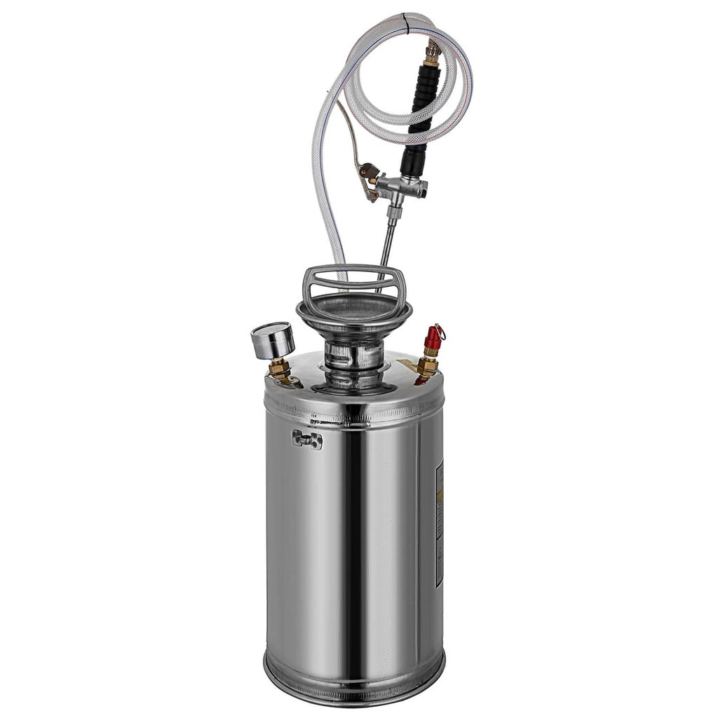 Stainless steel pressure sprayer with top handle, brass nozzles, and connected hose