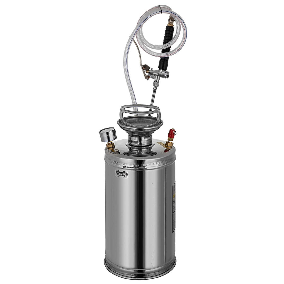 Stainless steel pressure sprayer with top handle, brass nozzles, and connected hose