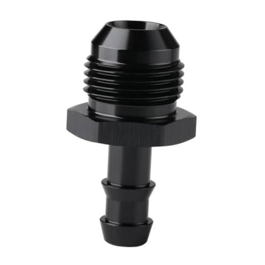 Black straight fitting adapter with male AN flare threads and barbed 3/8 hose end