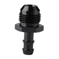Black straight fitting adapter with male AN flare threads and barbed 3/8 hose end