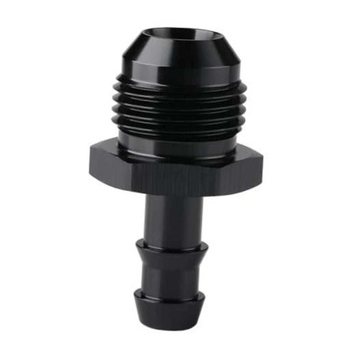 Black straight fitting adapter with male AN flare threads and barbed 3/8 hose end