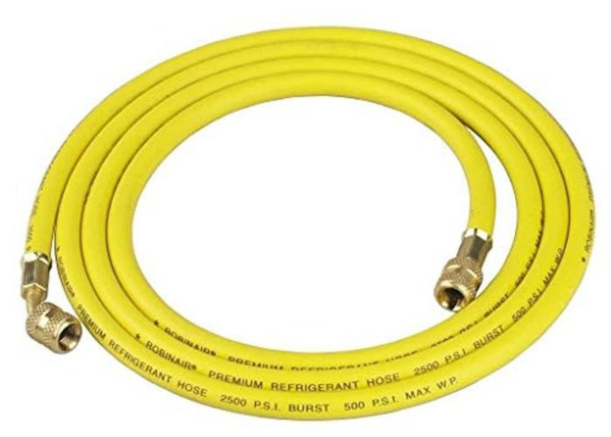 Yellow refrigerant charging hose with brass couplers and printed markings