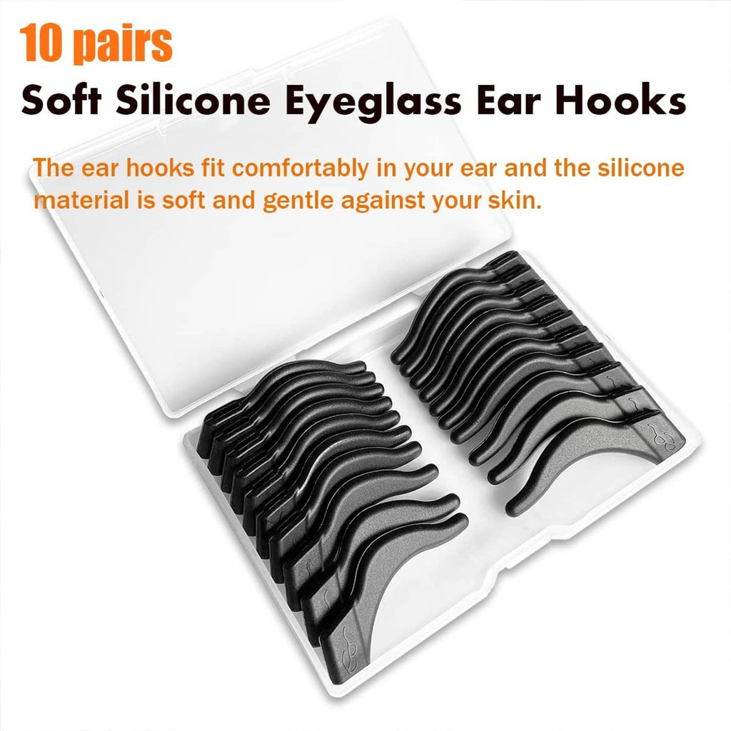 Pack of 10 pairs of black silicone eyeglass ear hooks with curved grips