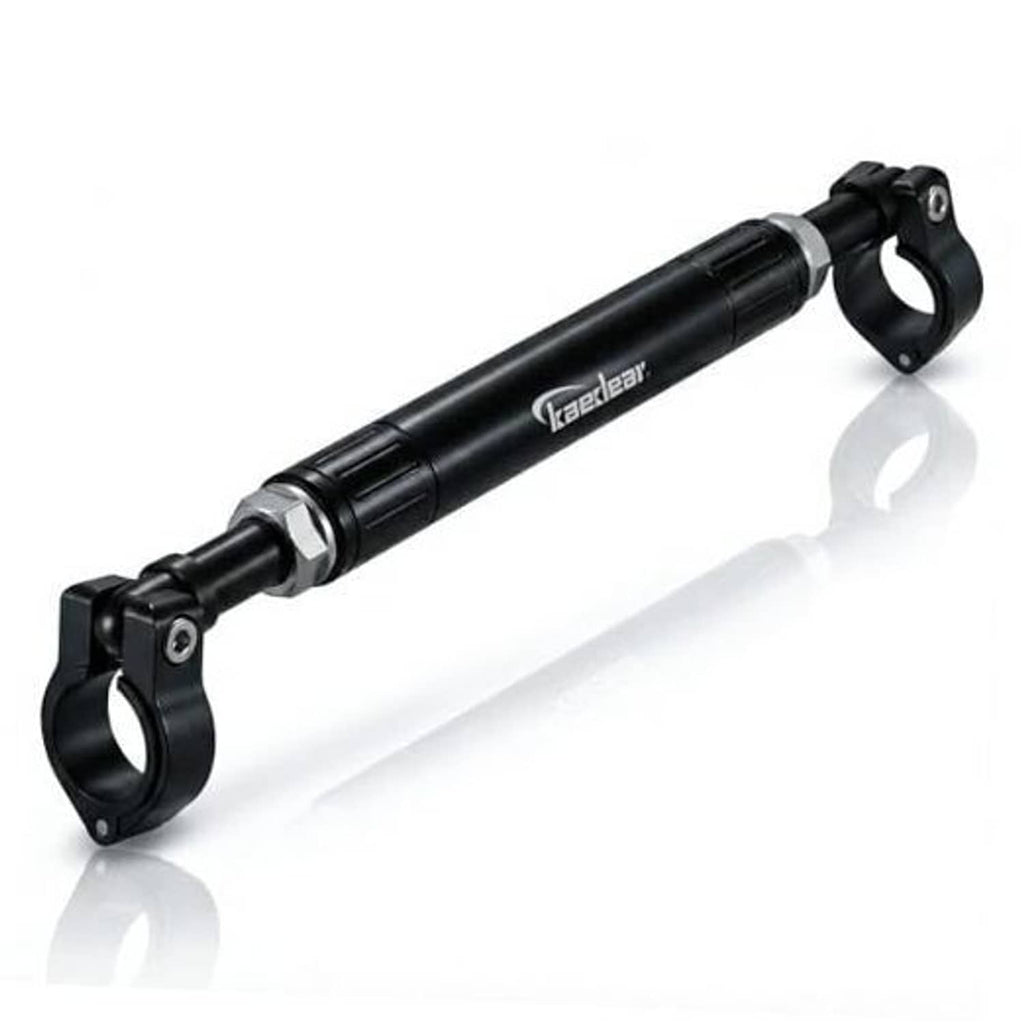 Black adjustable handlebar brace bar with two clamp mounts for phones.