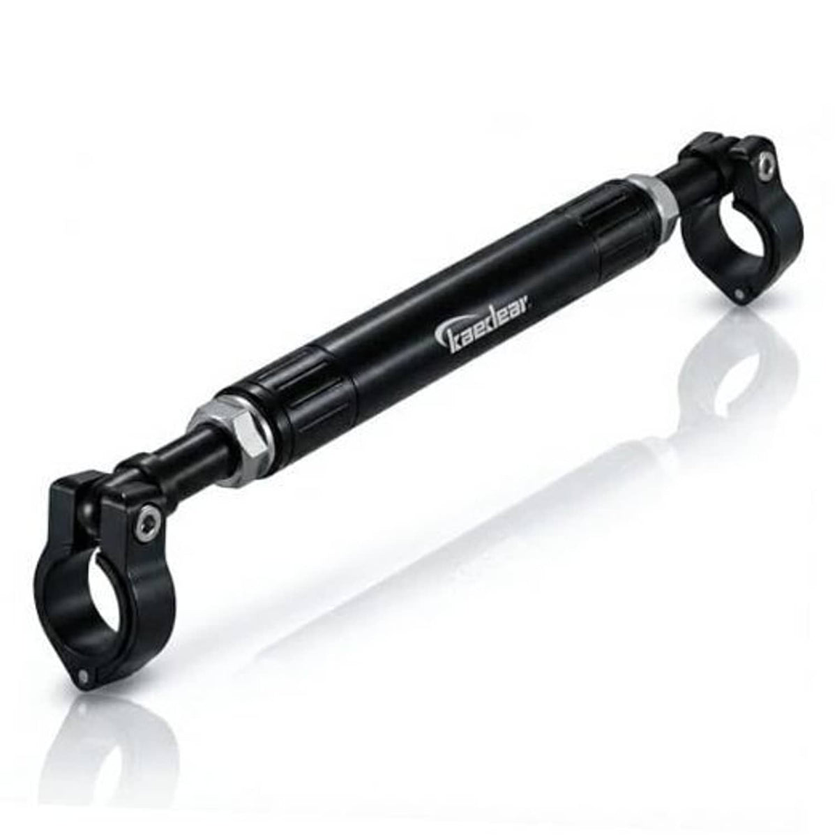 Black adjustable handlebar brace bar with two clamp mounts for phones.