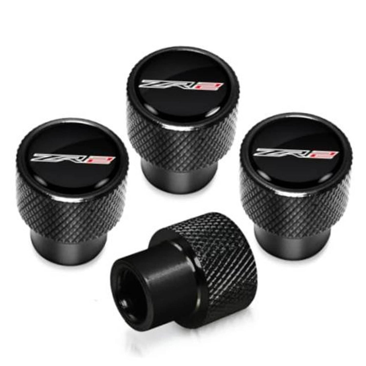 Set of black tire valve stem caps with textured grip and ZR2 logo