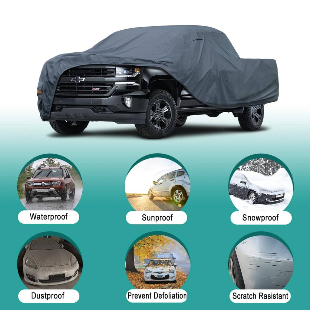 Gray pickup truck cover on vehicle with waterproof, sunproof and snowproof icons