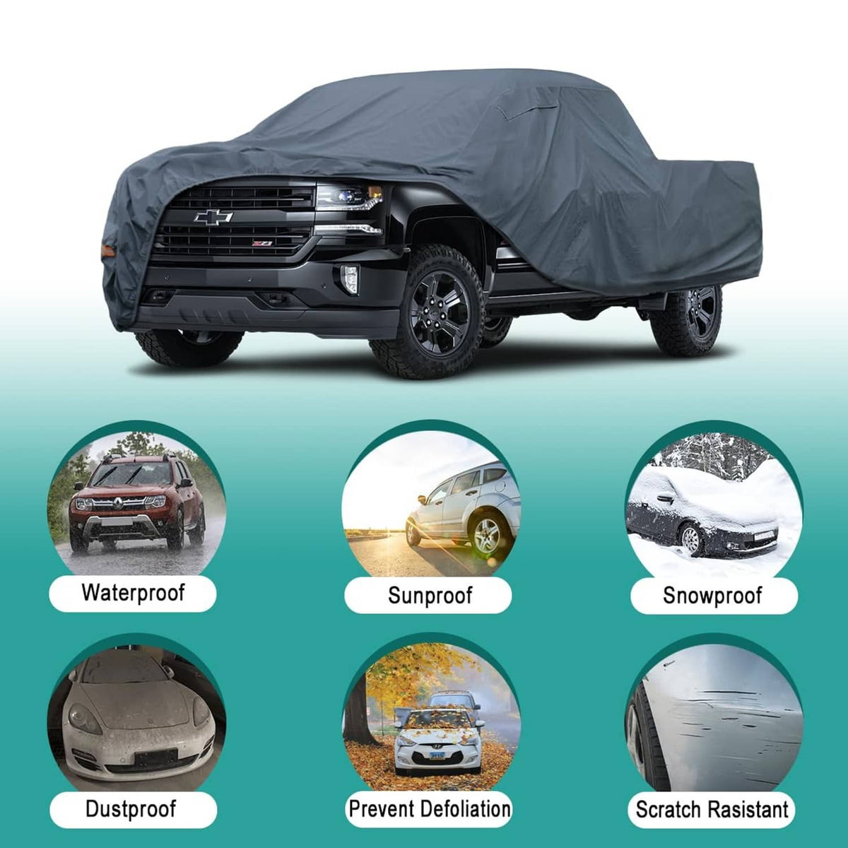 Gray pickup truck cover on vehicle with waterproof, sunproof and snowproof icons