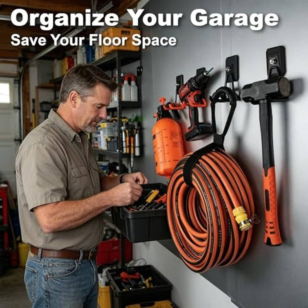 Magnetic tool hook with black base and orange rubber-coated hook holding items