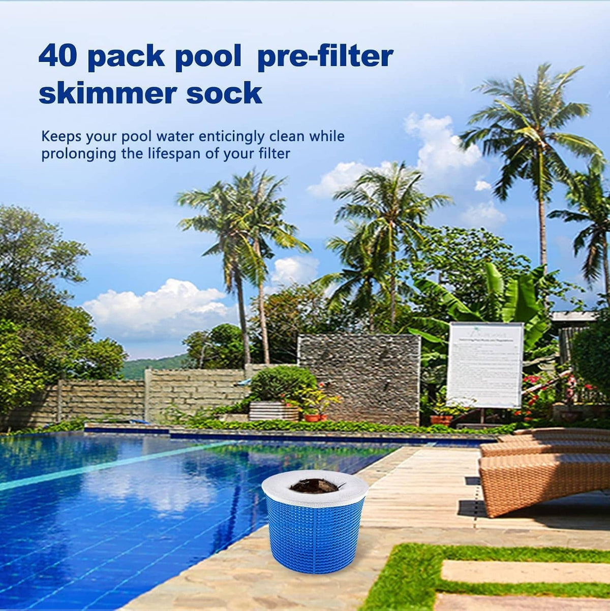 Pool skimmer pre-filter socks set, blue mesh baskets with white filter covers.
