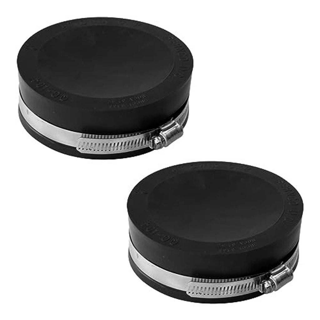 2-pack black PVC pipe caps with stainless steel clamp band detail