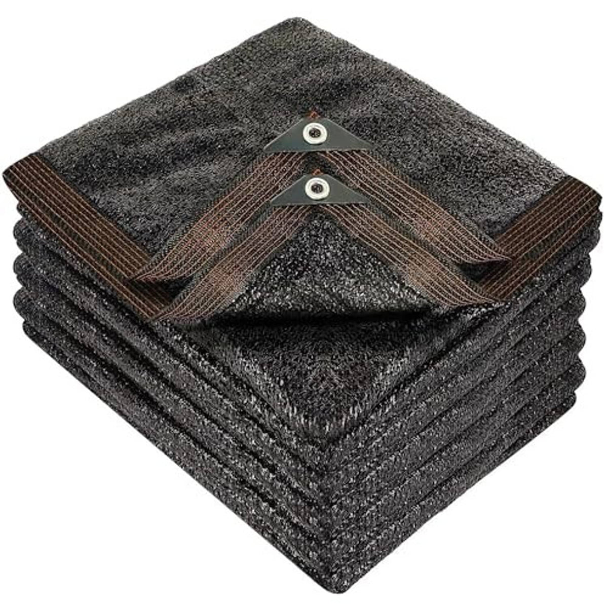 Black mesh shade cloth stack with metal grommets on a folded edge