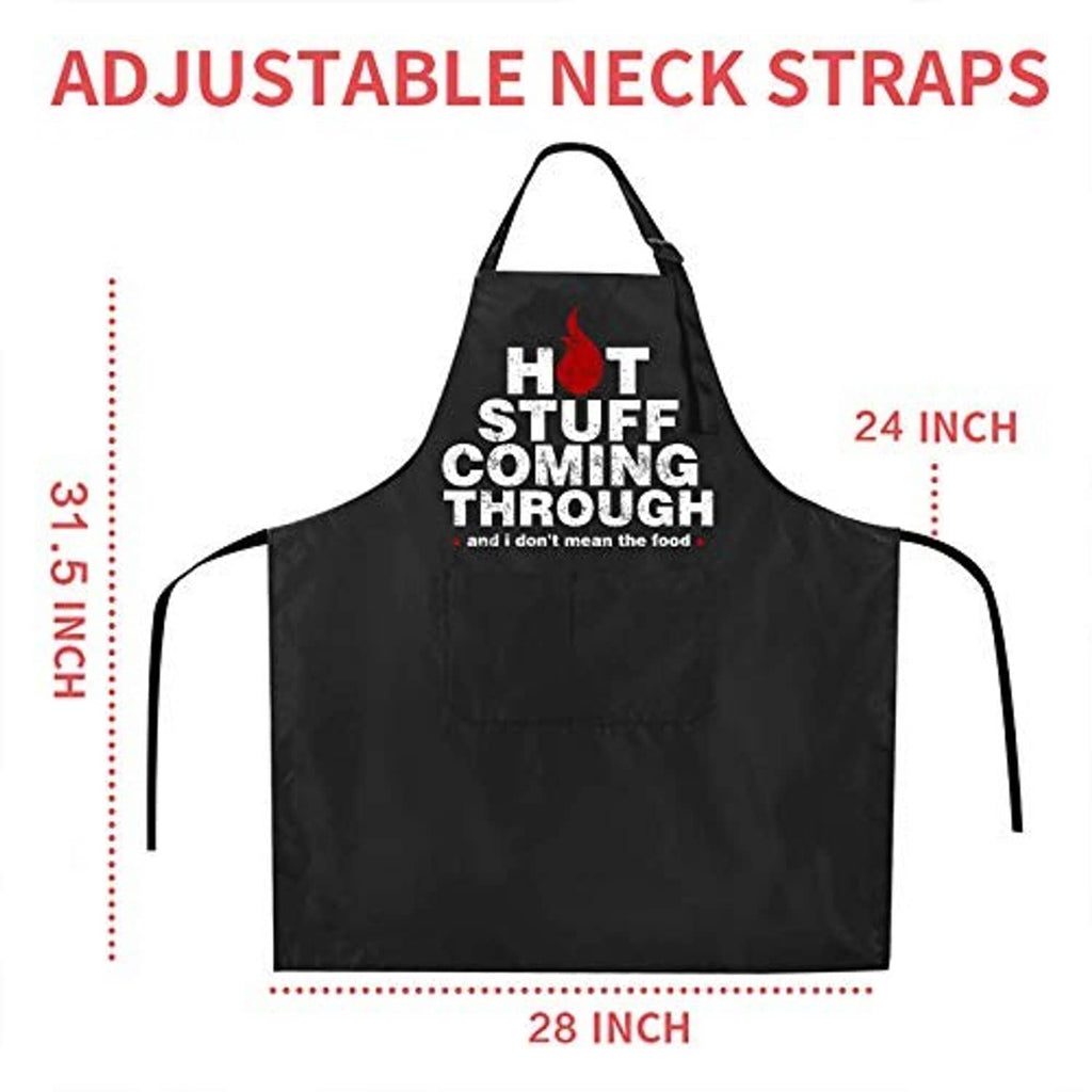Black apron size diagram with adjustable neck straps, 24-inch length and 28-inch width