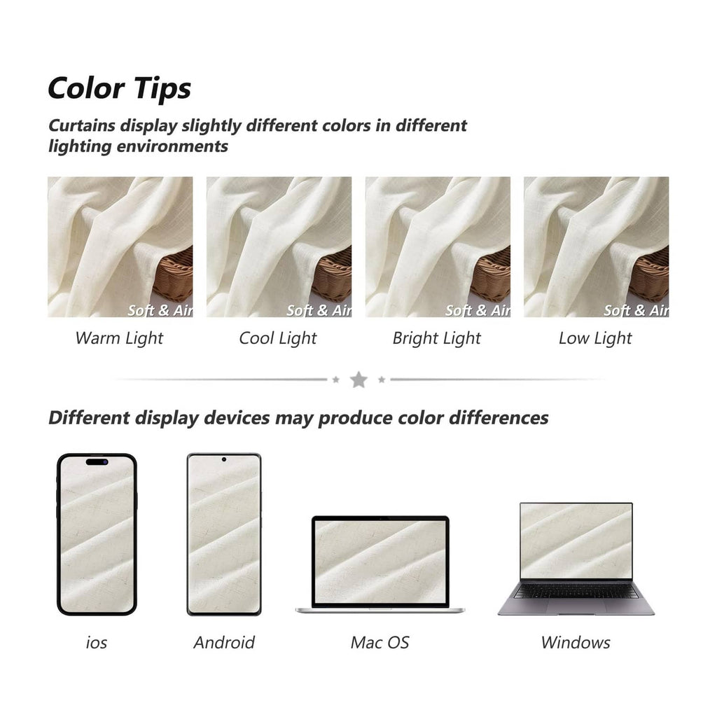 Natural linen curtain fabric swatches showing different light-tone appearances