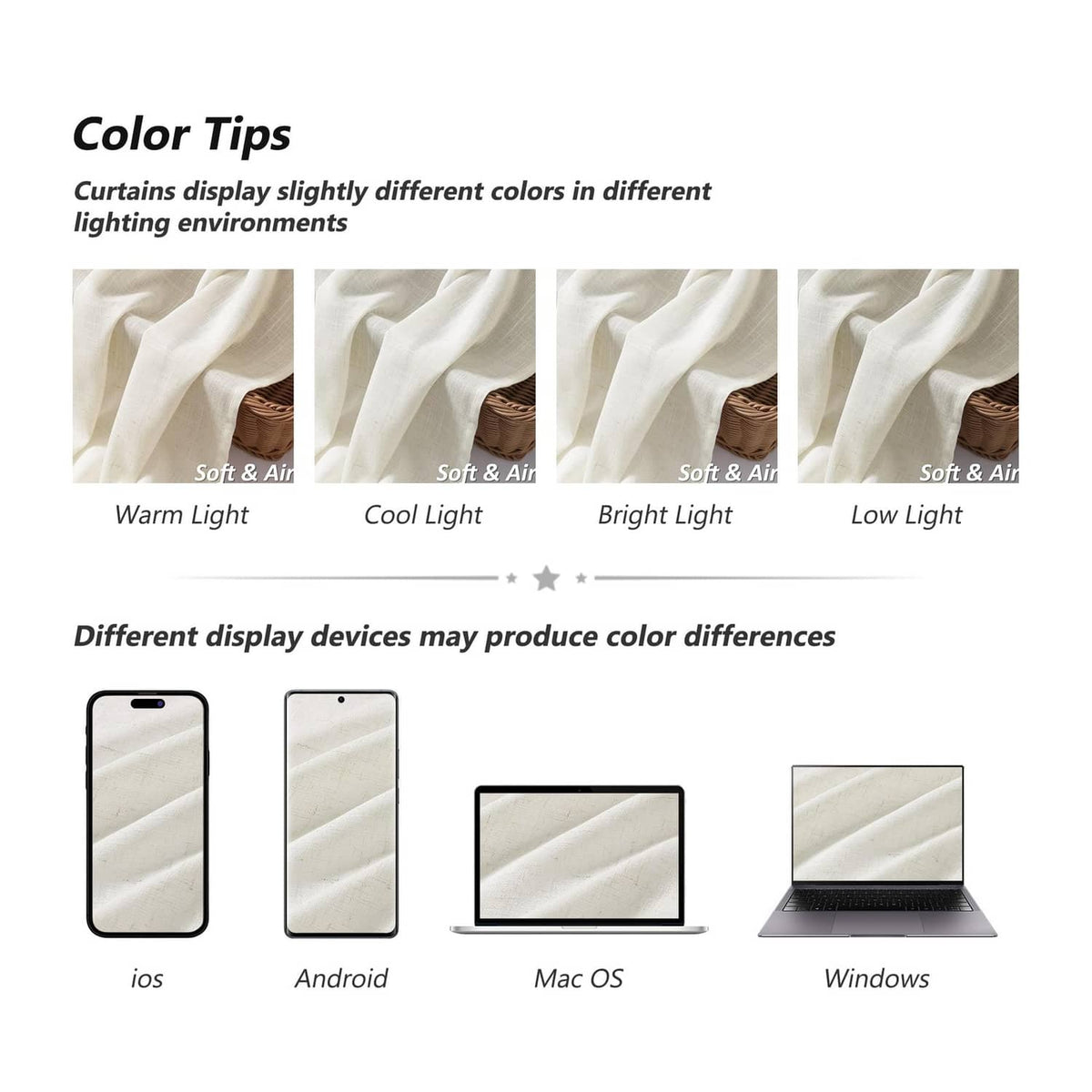 Natural linen curtain fabric swatches showing different light-tone appearances