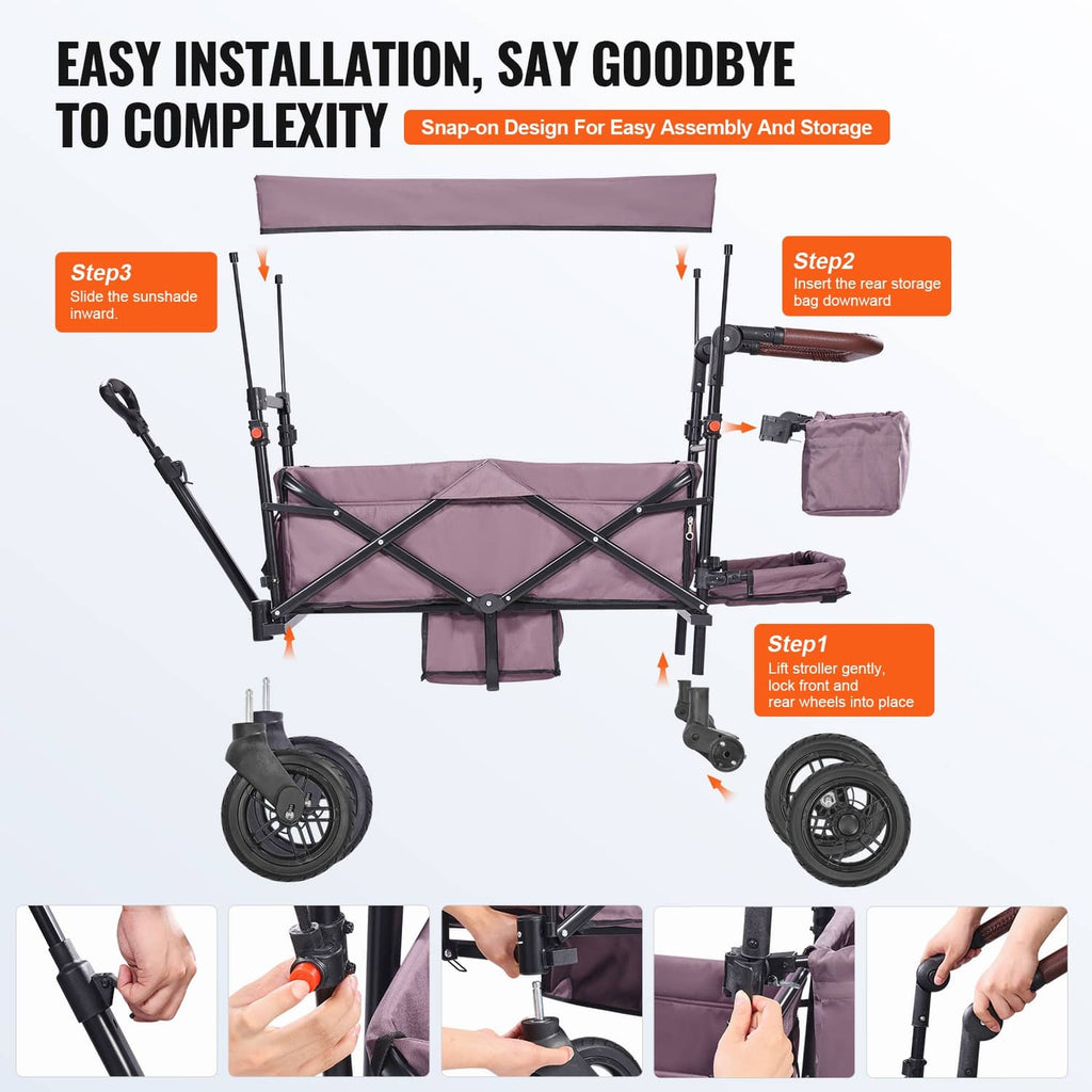Purple double wagon stroller showing foldability, canopy and side storage compartments