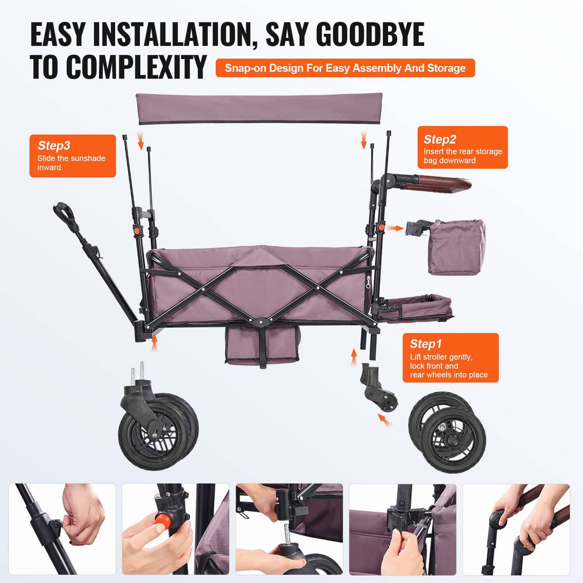 Purple double wagon stroller showing foldability, canopy and side storage compartments