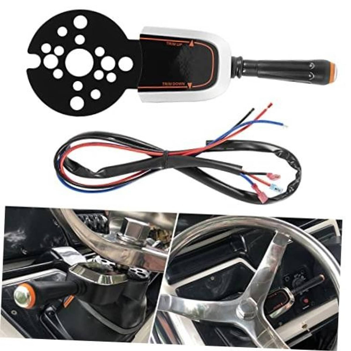 Marine engine trim control switch with black panel, silver housing, orange window, wiring