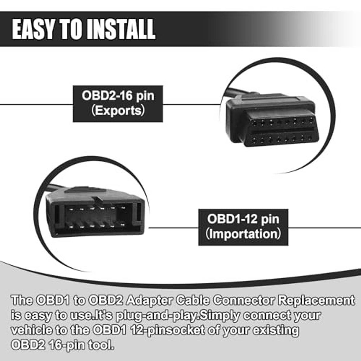 OBD adapter cable showing black 12-pin and 16-pin connectors