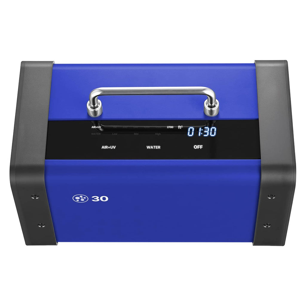 Blue and black ozone generator with front LED timer display and AIR-UV/WATER controls.
