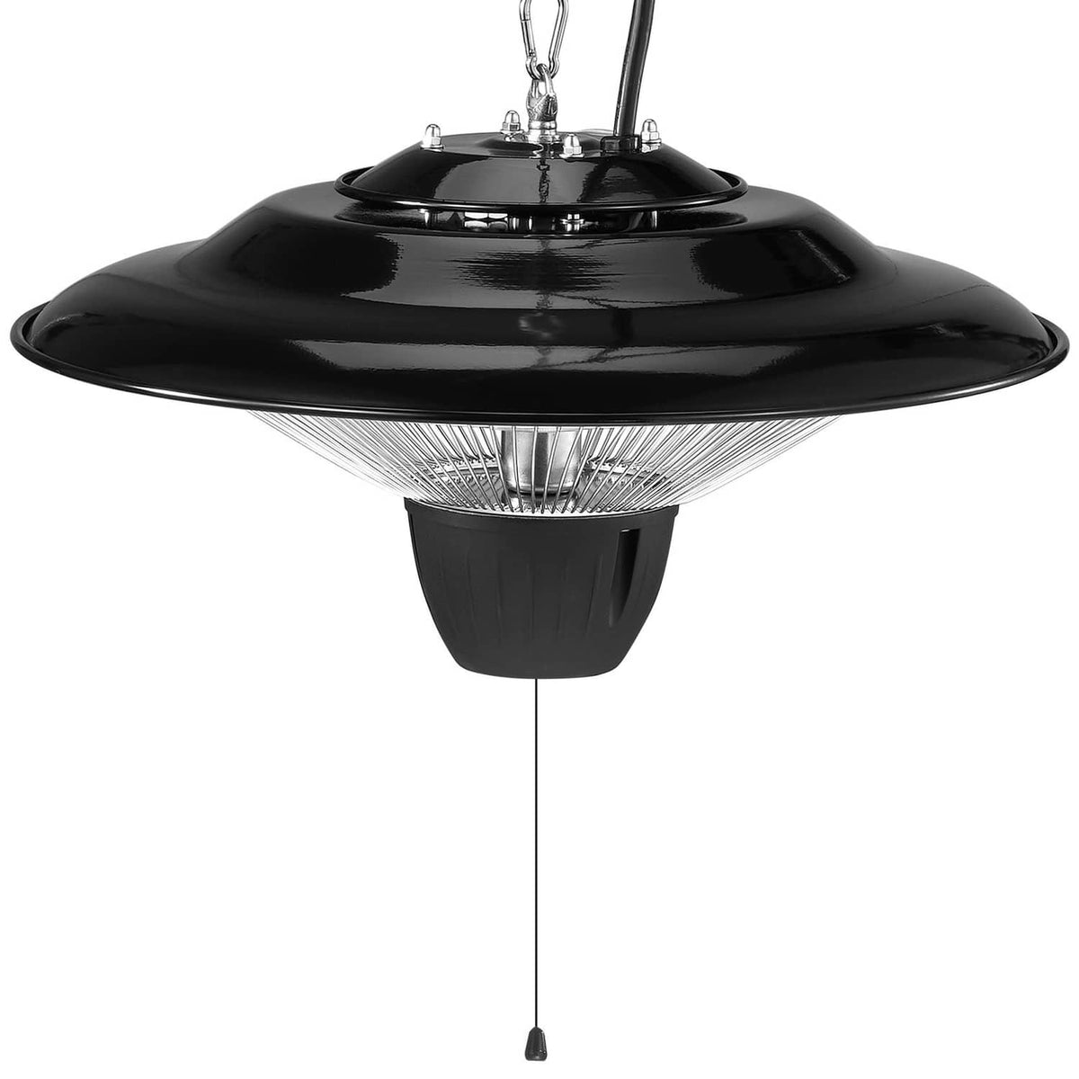 Glossy black infrared heater with circular protective grill and hanging cord connection