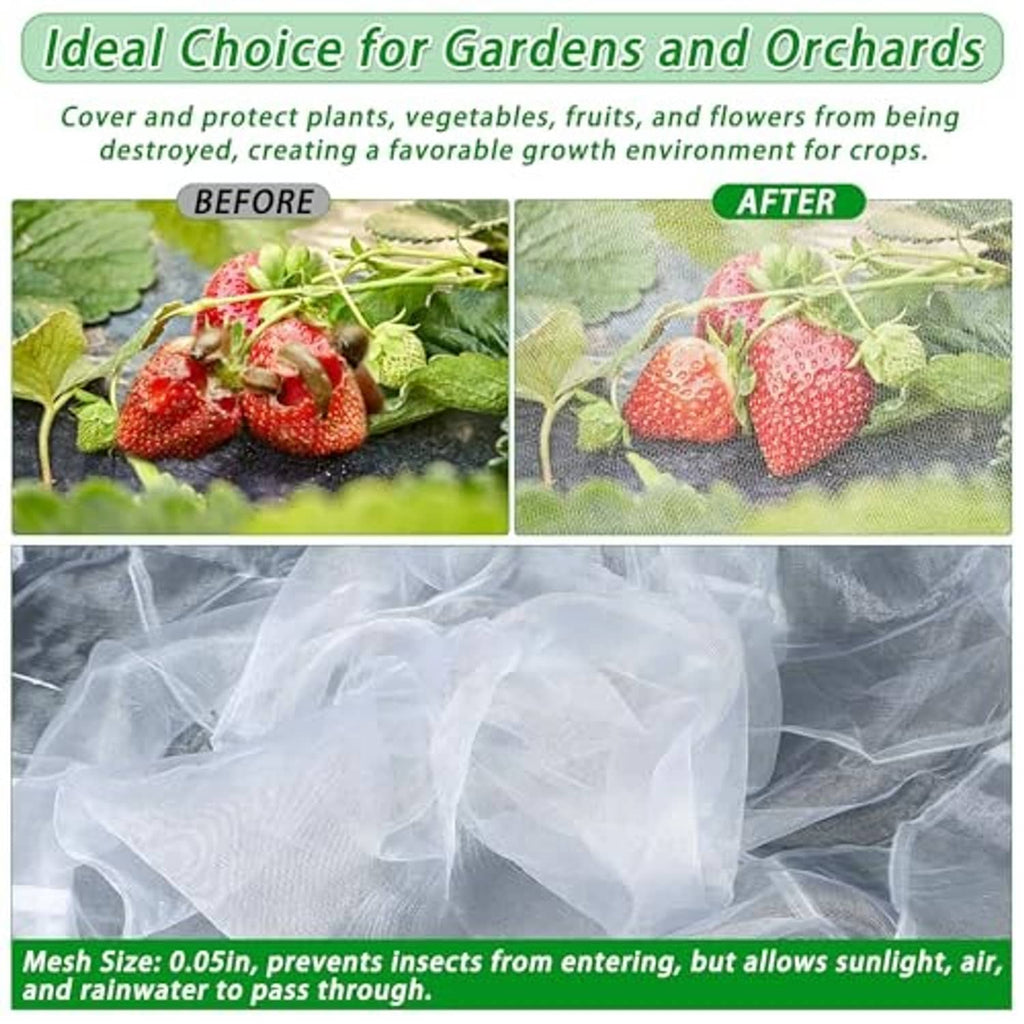 Fine mesh garden netting for fruit and flower protection, shown on strawberry plants