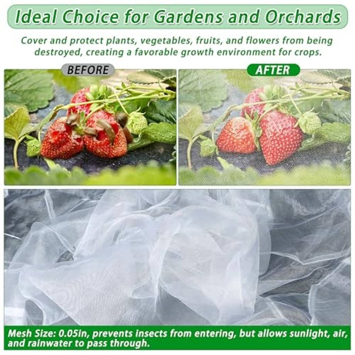 Fine mesh garden netting for fruit and flower protection, shown on strawberry plants