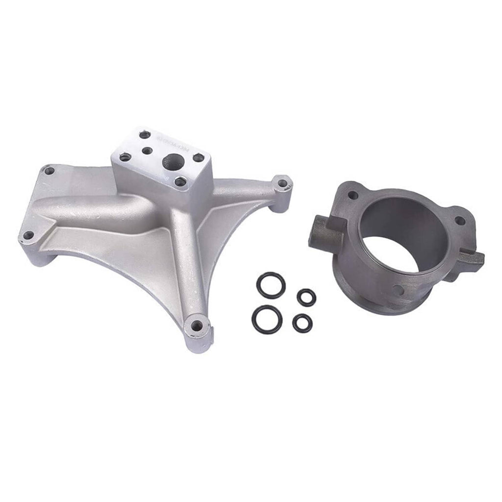 Silver turbo pedestal housing with bolt plate and dark exhaust housing with O-rings