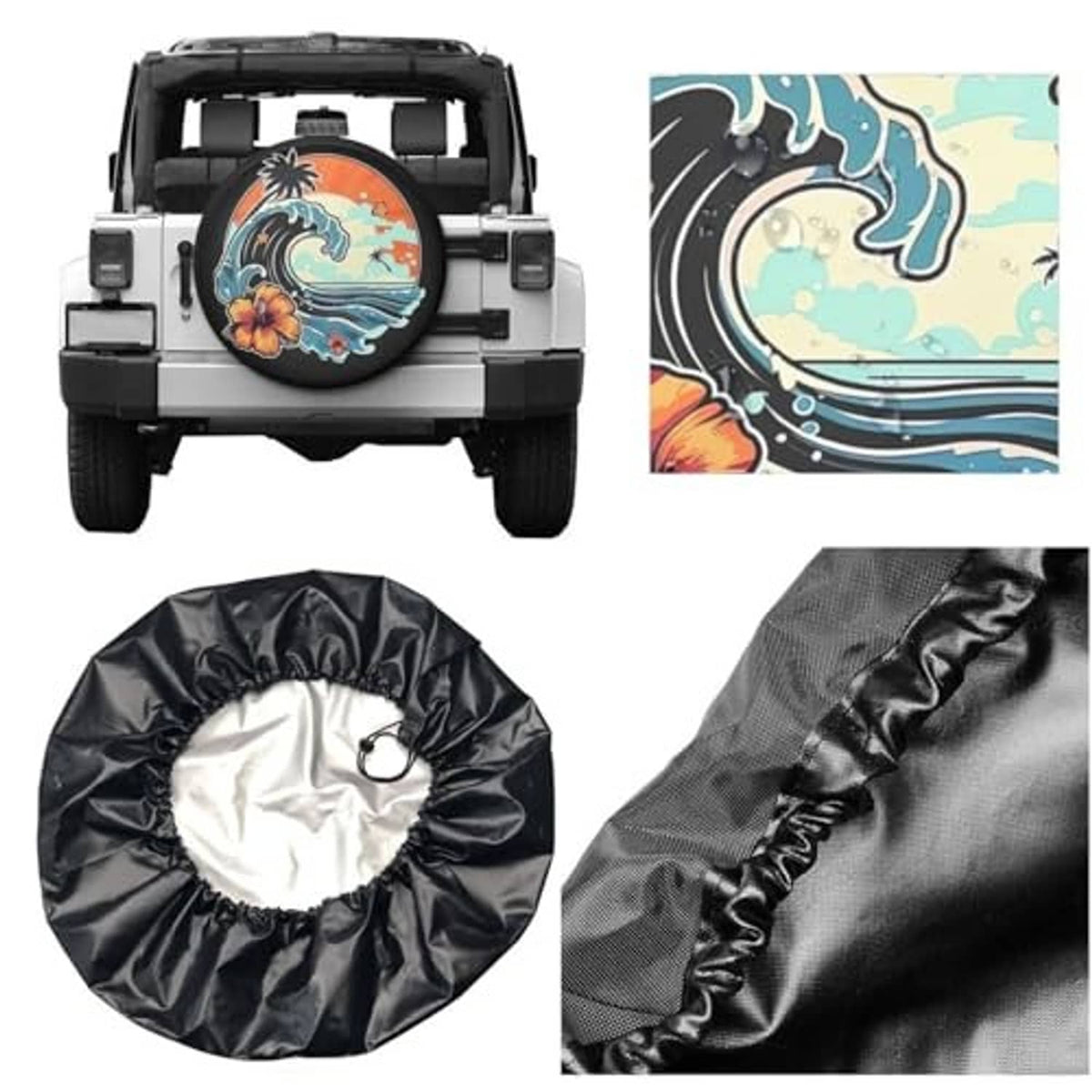 Spare tire cover set with black beach graphic cover plus storage bag and fastener cord