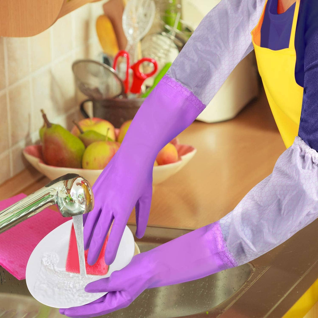 Long-sleeve dishwashing gloves in purple with white mesh cuff