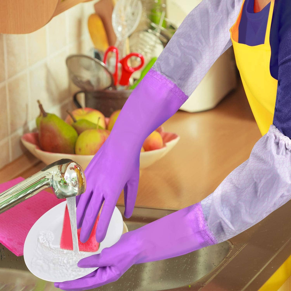 Long-sleeve dishwashing gloves in purple with white mesh cuff