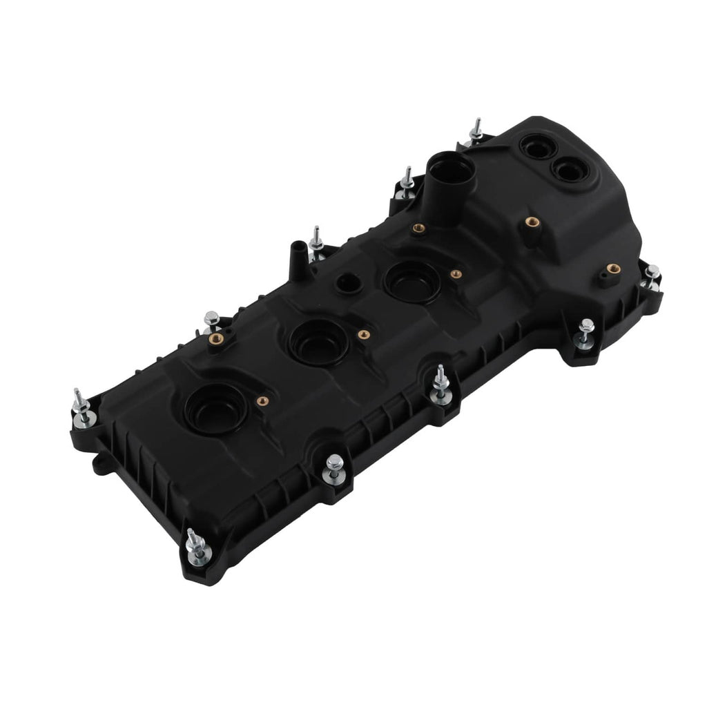 Black engine valve cover with overhead ports and side bolt locations