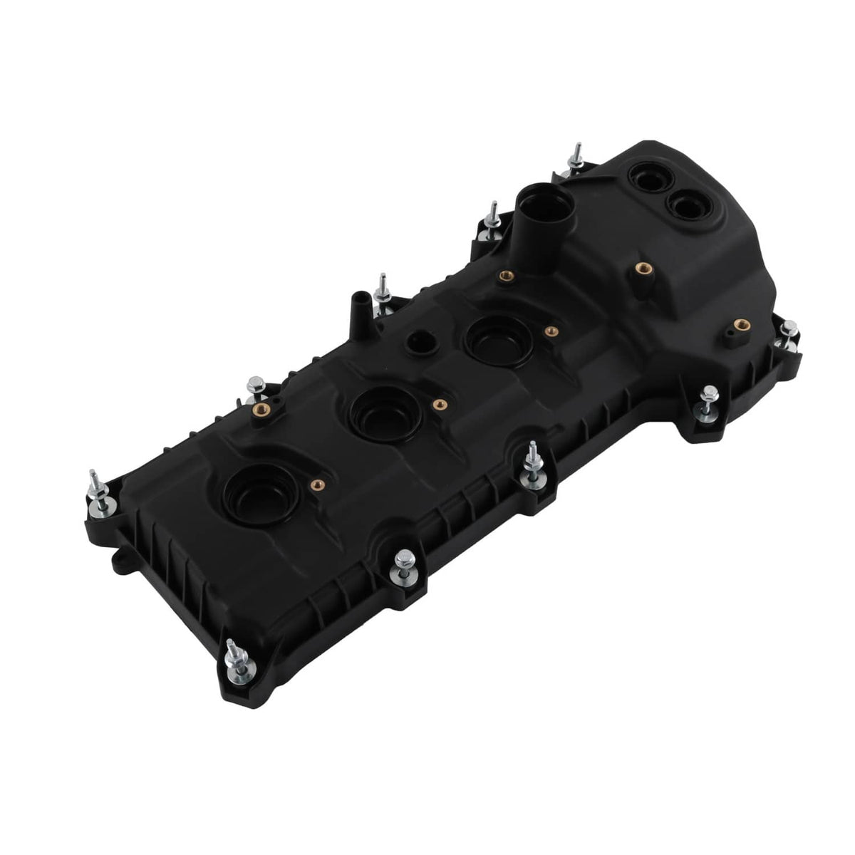 Black engine valve cover with overhead ports and side bolt locations